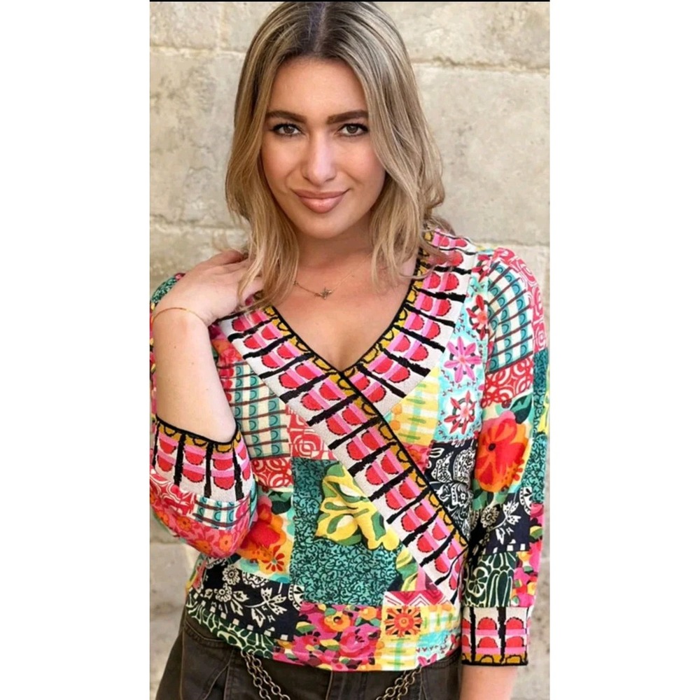NEW Aldo Martins SZ M-L  Double V Neckline Vibrant Pullover Top $250